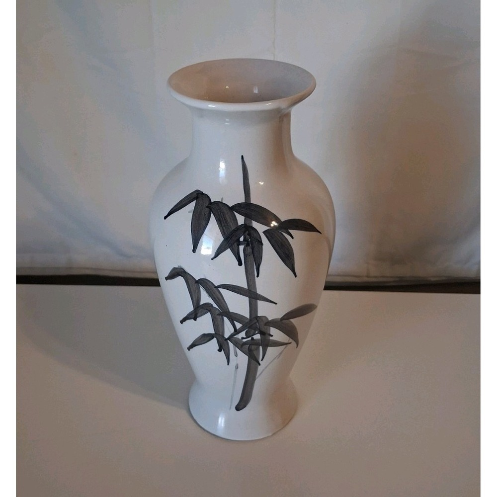 Asian Hand Painted Pottery Vase with Black Bamboo